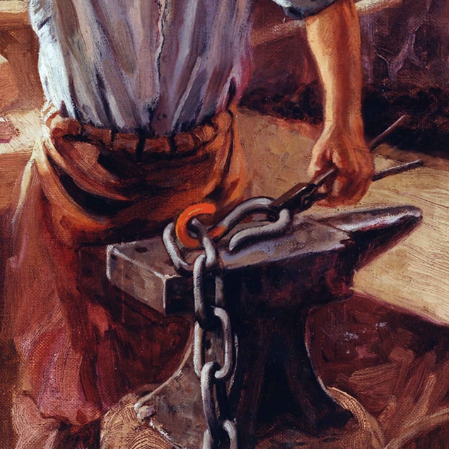 ציור מאת וולטר הסקל הינטון (Walter Haskell Hinton) של John Deere עובד בחנות הנפחייה שלו