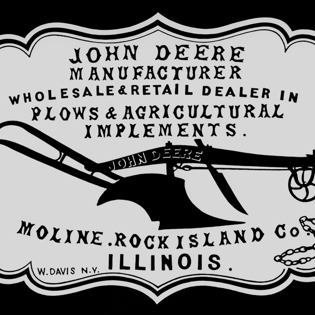 פרסומת היסטורית של משווק משנת 1855 “יצרן John Deere, סיטונאי & משווק קמעונאי במחרשות & כלים חקלאיים. Moline, Rock Island Co. Illinois”
