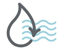 סמל אפור של טיפת מים עם חץ המציין קיימות כדי לעשות שימוש חוזר במים והמצביע חזרה אל סמל של גלים ממקור מים גדול יותר