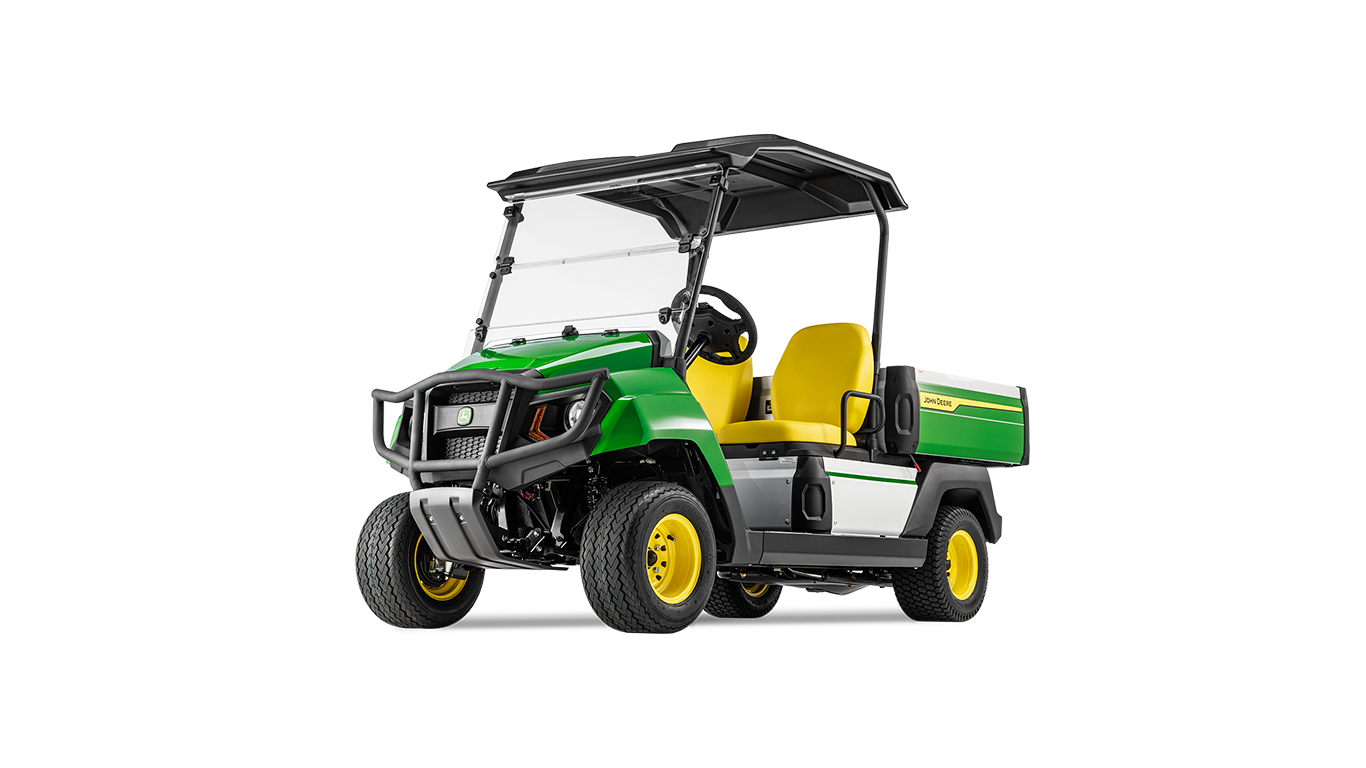 מבט שלושה רבעים מקדימה על רכב ייעודי John Deere Gator GS בנזין עם פגוש מוקשח וארגז מטען מרווח.