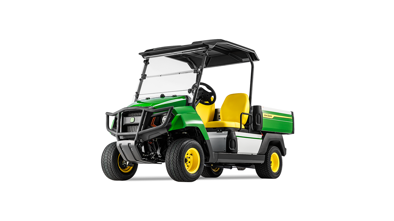 מבט מקדימה בזווית על דגם John Deere Gator GS חשמלי שמדגיש את הגריל, הפנסים הראשיים והמושבים הצהובים.