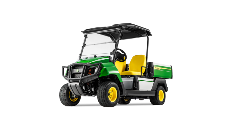 מבט מקדימה בזווית על דגם John Deere Gator GS חשמלי שמדגיש את הגריל, הפנסים הראשיים והמושבים הצהובים.